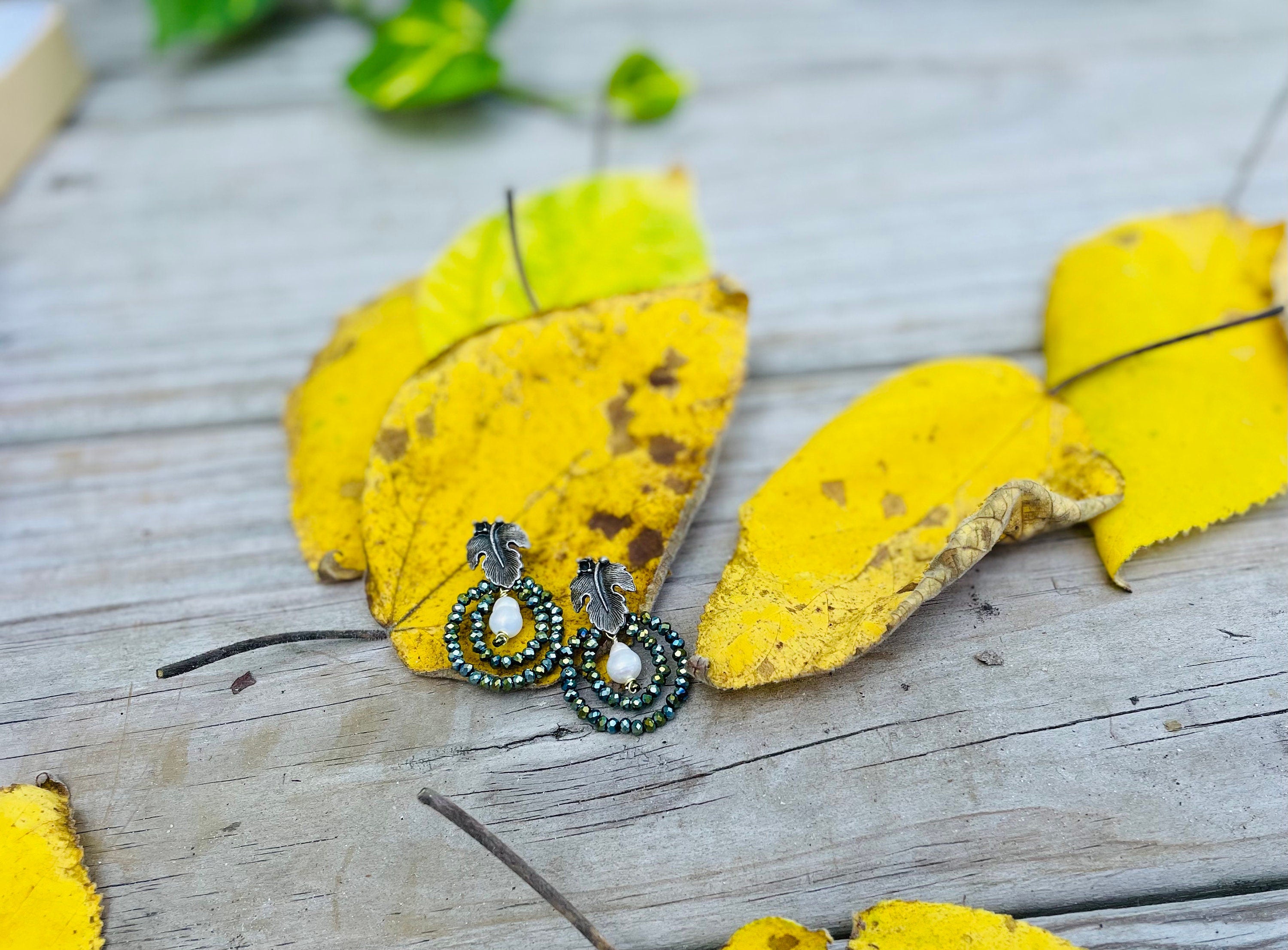 Leaf earrings stud,  Unique handmade earrings, green Swarovski crystal statement earrings, hoop earrings dangle, baroque pearl earrings mom