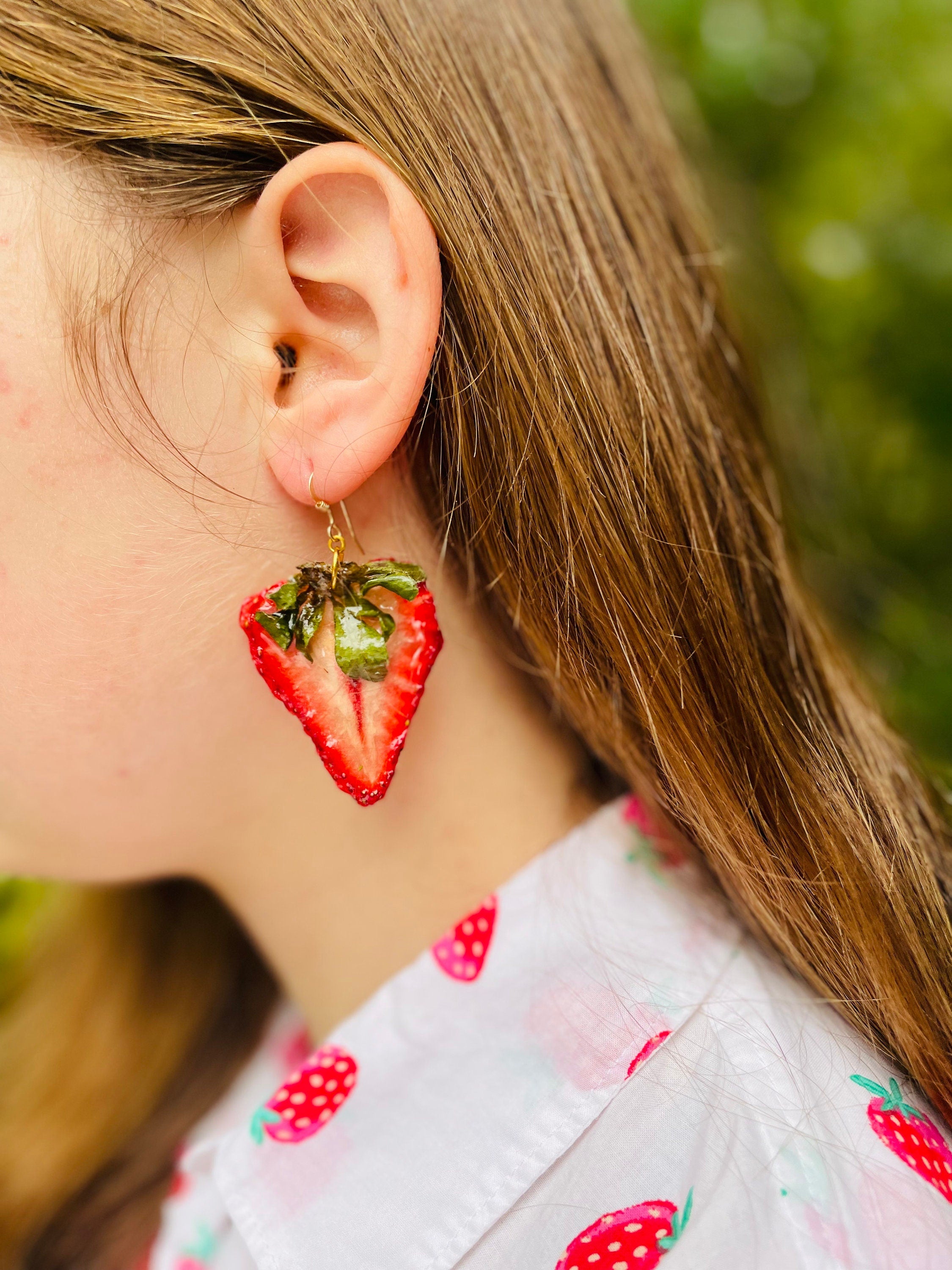 Real Strawberry Earrings Resin: 14K Gold Filled Red Fruit Jewelry for Galentine Day