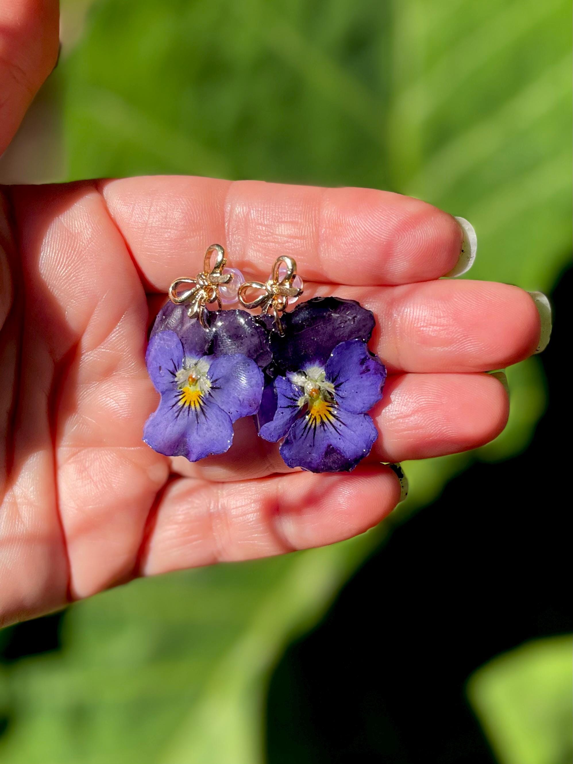 Purple Violet Flower Earrings with Gold Bow Posts | Unique Birth Month Gift for February