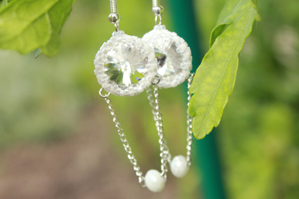swarovski dangle earrings, Silver chain drop earrings gift for her women, Long chandelier bridal earrings, Formal earrings, wedding earrings