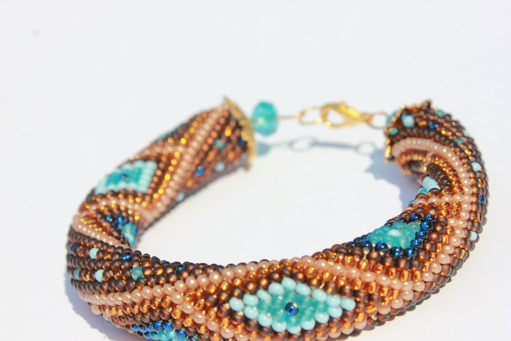 Teacher appreciation gift brown and blue Crocheted geometric bracelets for women, Mothers Day gift idea for wife, Seed Bead bangle Beadwork