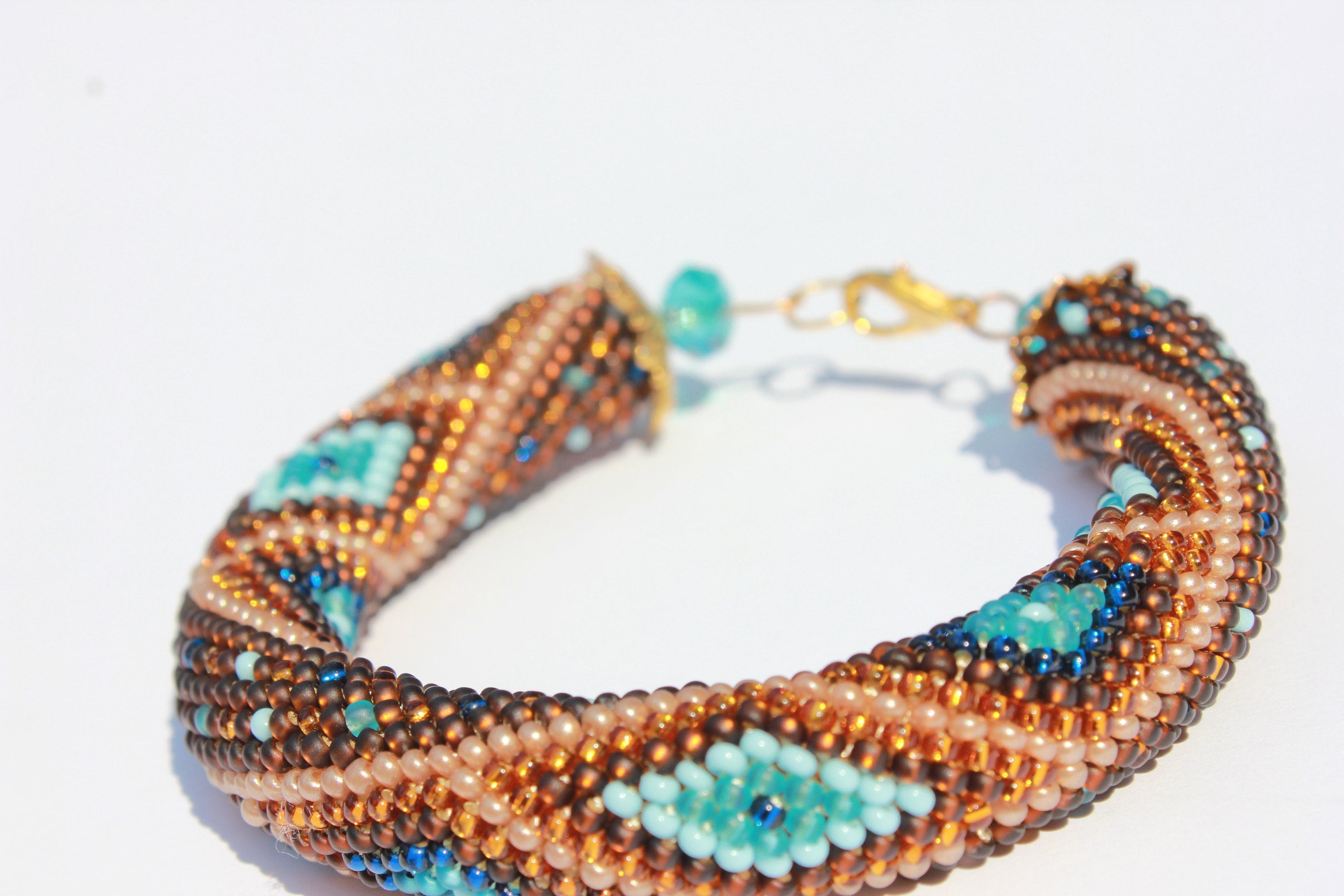 Teacher appreciation gift brown and blue Crocheted geometric bracelets for women, Mothers Day gift idea for wife, Seed Bead bangle Beadwork