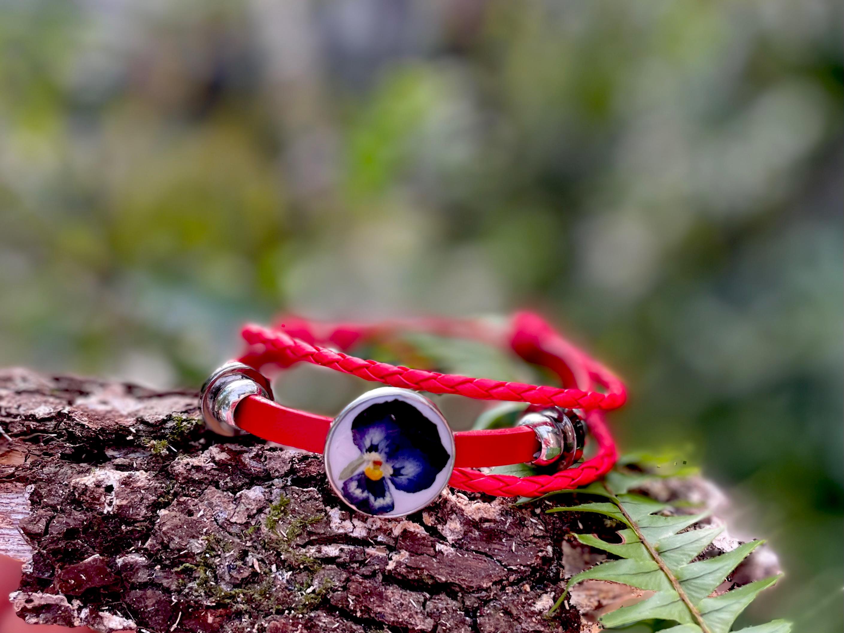 Red Leather 3 Wrap Bracelet: Pansy Violet February Birth Flower, Beaded Boho Jewelry