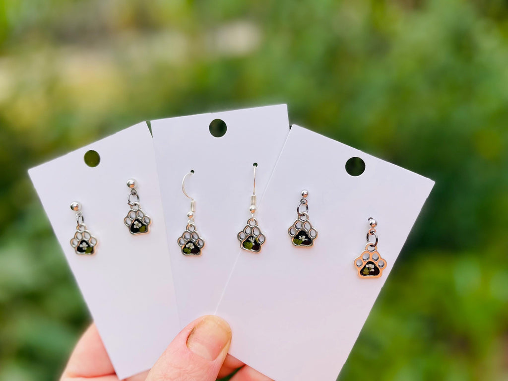 Tiny Paw Print Post Earrings: Birthstone Personalized Silver Pet Jewelry with Real Pressed Flowers