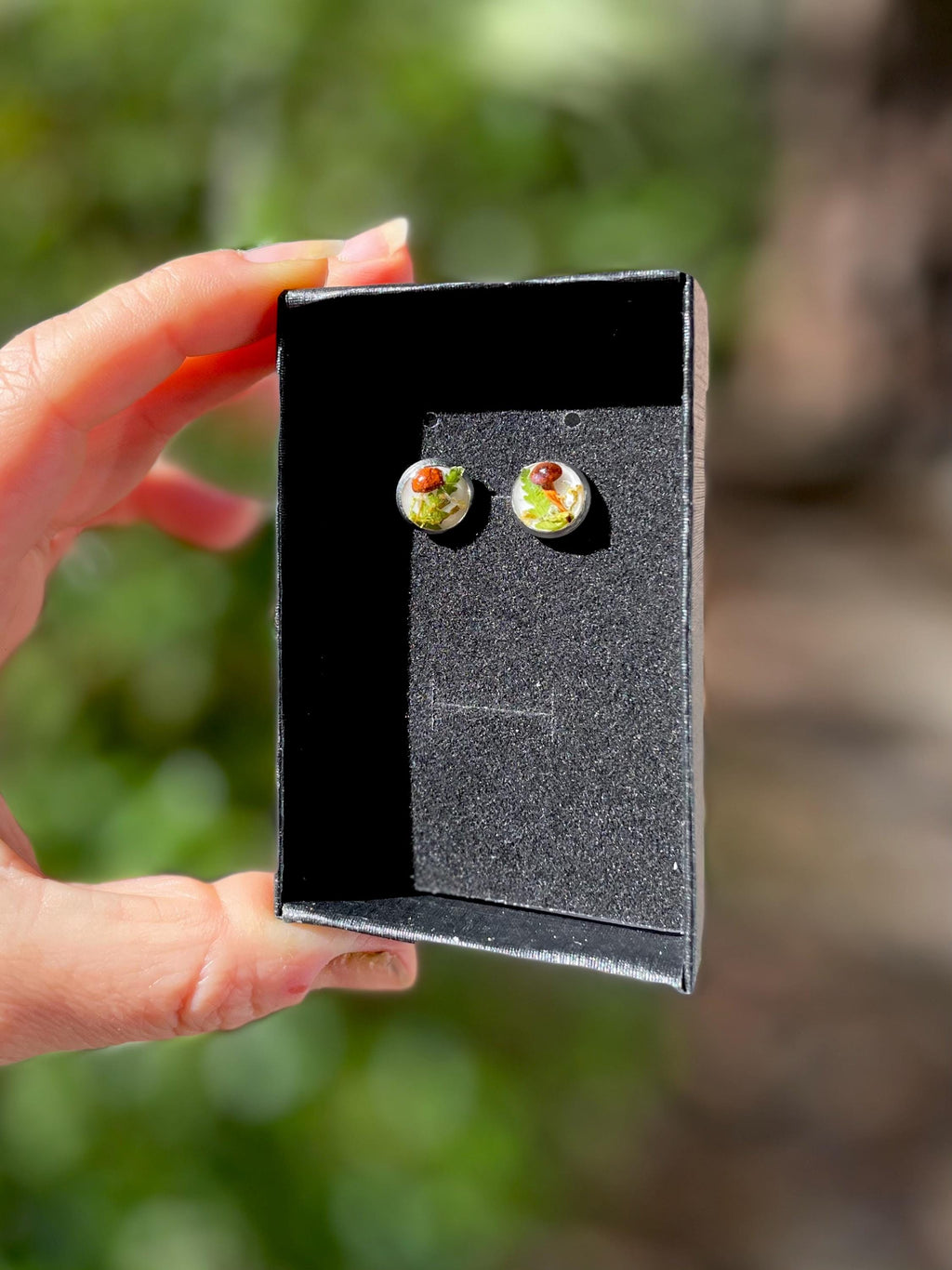 Tiny Mushroom Earrings: Pressed Flower Fern Resin Studs, Birthstone