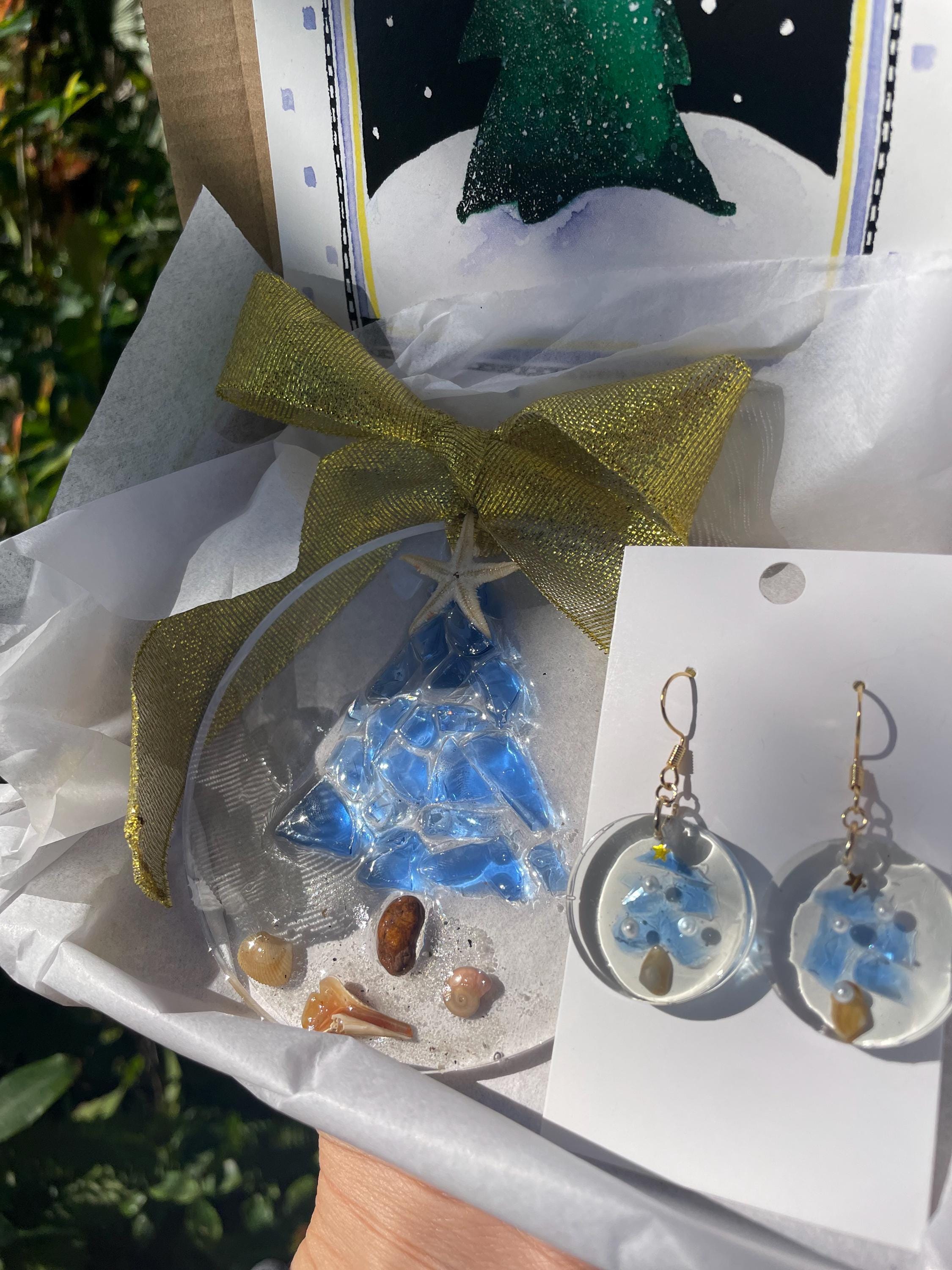 Christmas Gift Box with Coastal Christmas Ornament and Sea Glass Chtistmas Tree Earrings Starfish & Crushed Blue Sea Glass Holiday Ornament