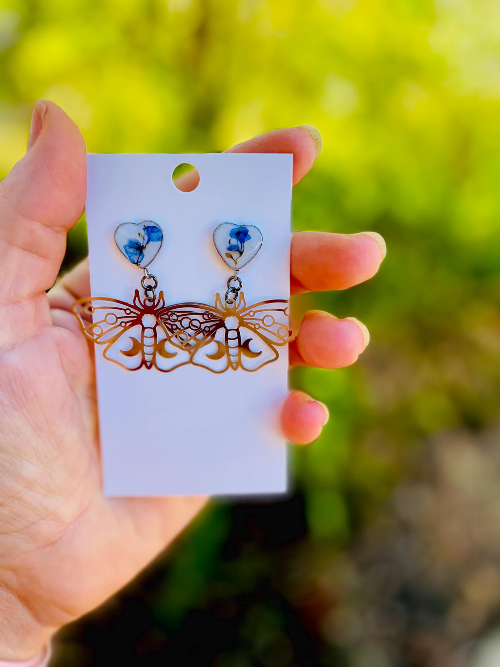 Silver Butterfly Earrings, Filigree Luna Moth Dangles: Blue Flower Resin Insect Jewelry