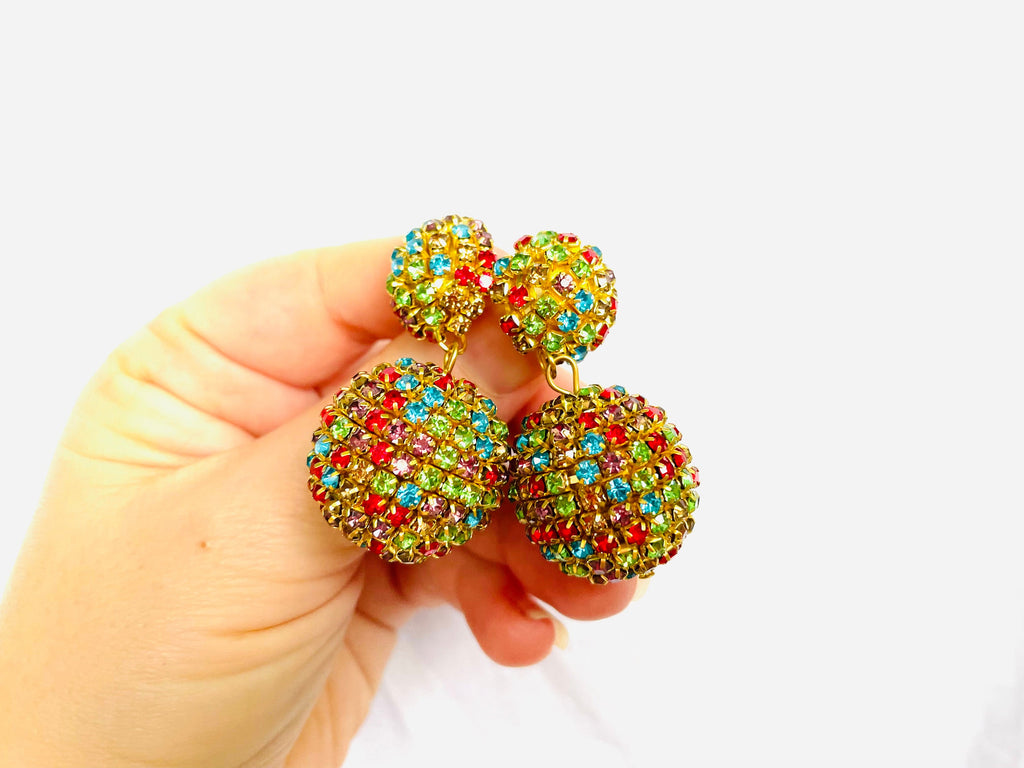 Rhinestone Disco Ball Drop Earrings: Gold Plated Clip On or Stud