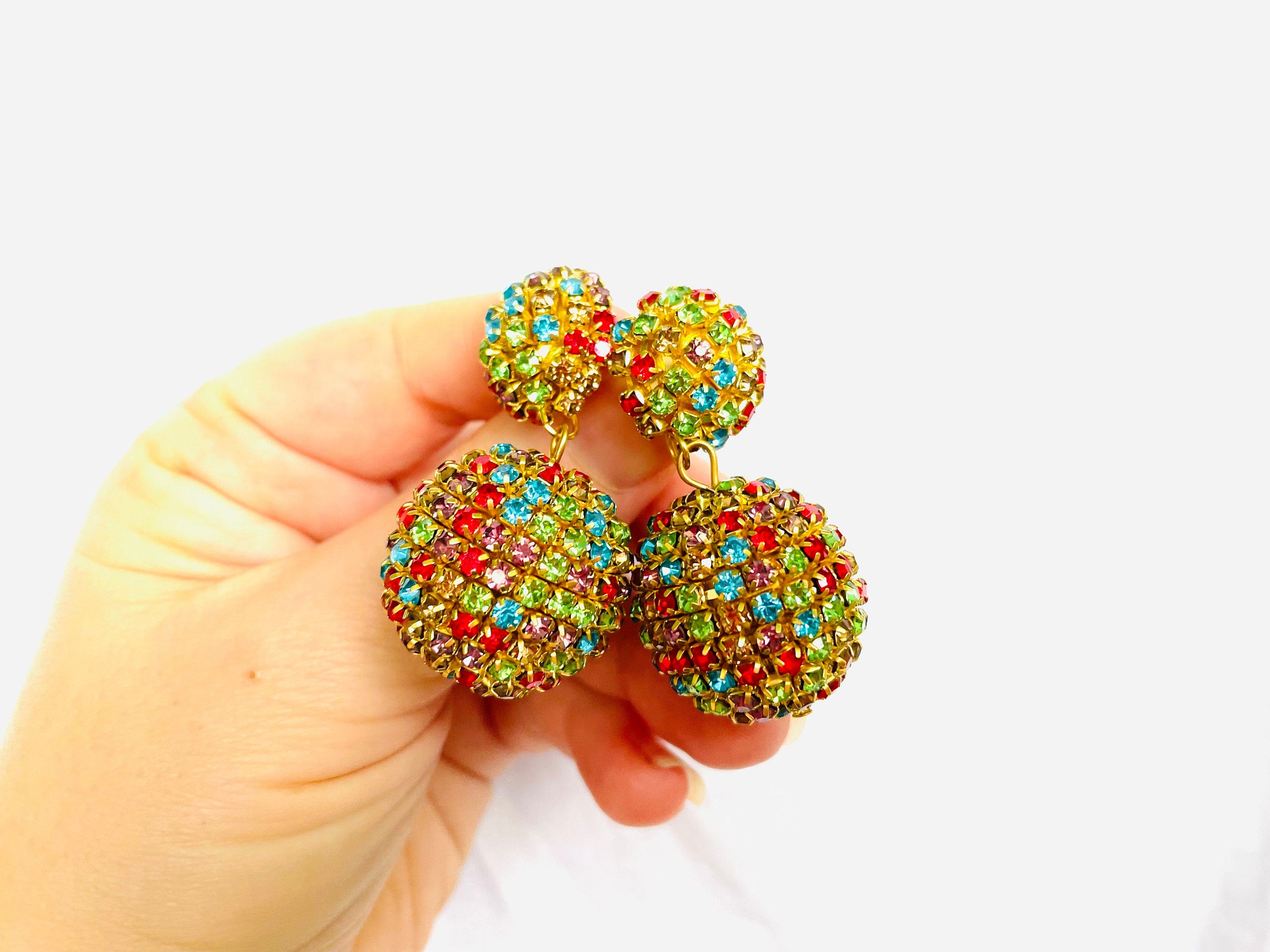 Rhinestone Disco Ball Drop Earrings: Gold Plated Clip On or Stud