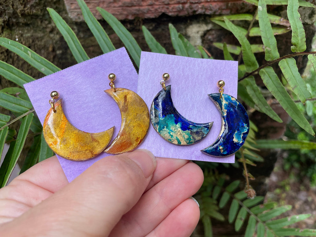 Galactic Blue Gold Moon and Star Clay Earrings Mismatched: Unique Handmade Astrology Jewelry