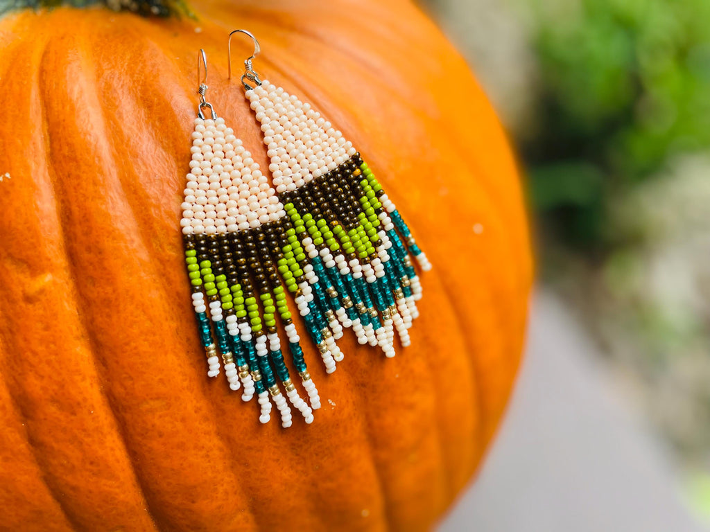 Earthy Seed Bead Fringe Earrings: Handmade Fall Jewelry Emerald Green Olive tassel