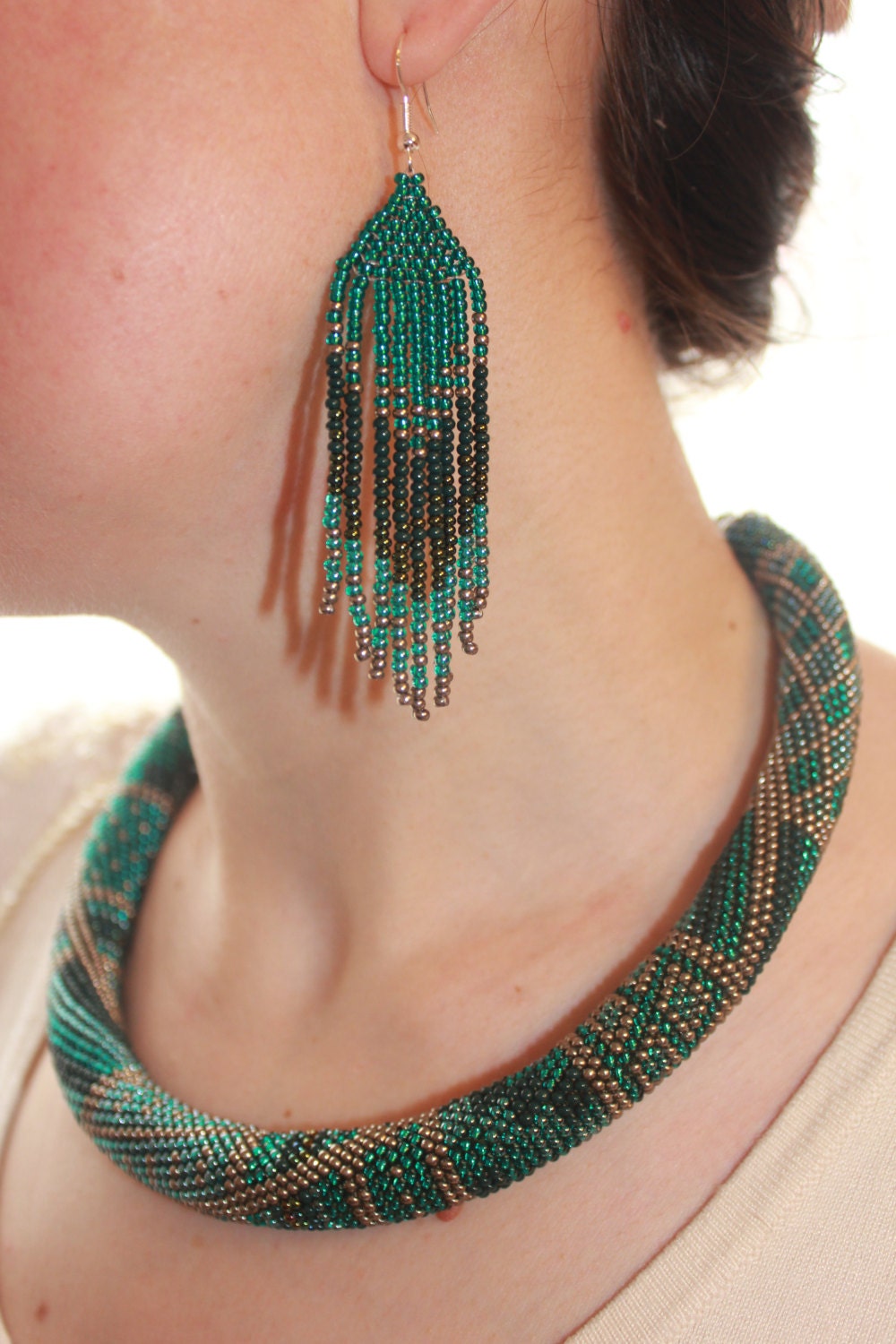 Emerald beaded earrings, Long earrings Fringe earrings, Ombre earrings Seed bead earrings, Chandelier earring Boho, beadwork earrings Dangle