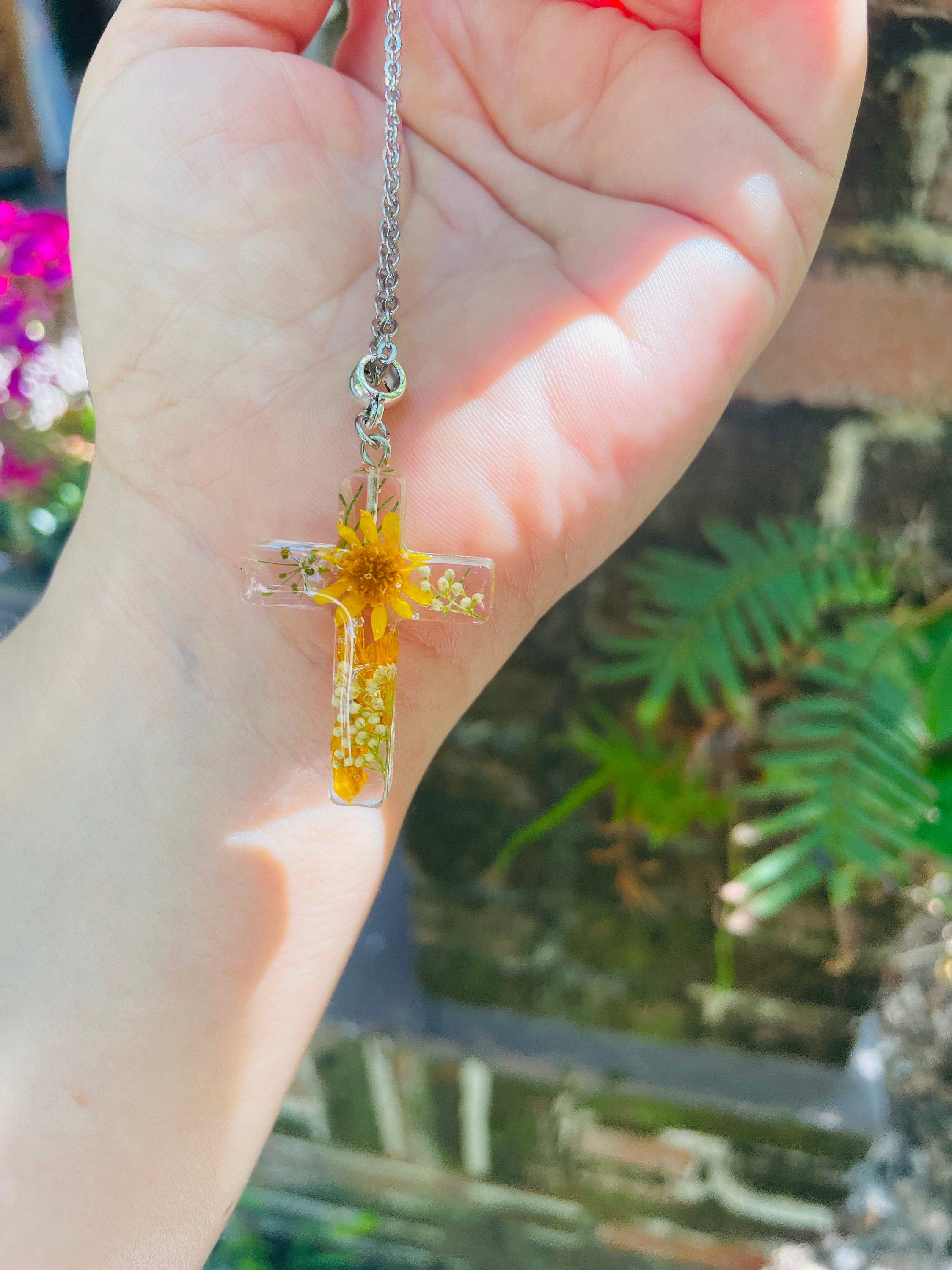 August Birth Flower Cross Necklace: Real Sunflower Resin Pendant, Handmade Jewelry