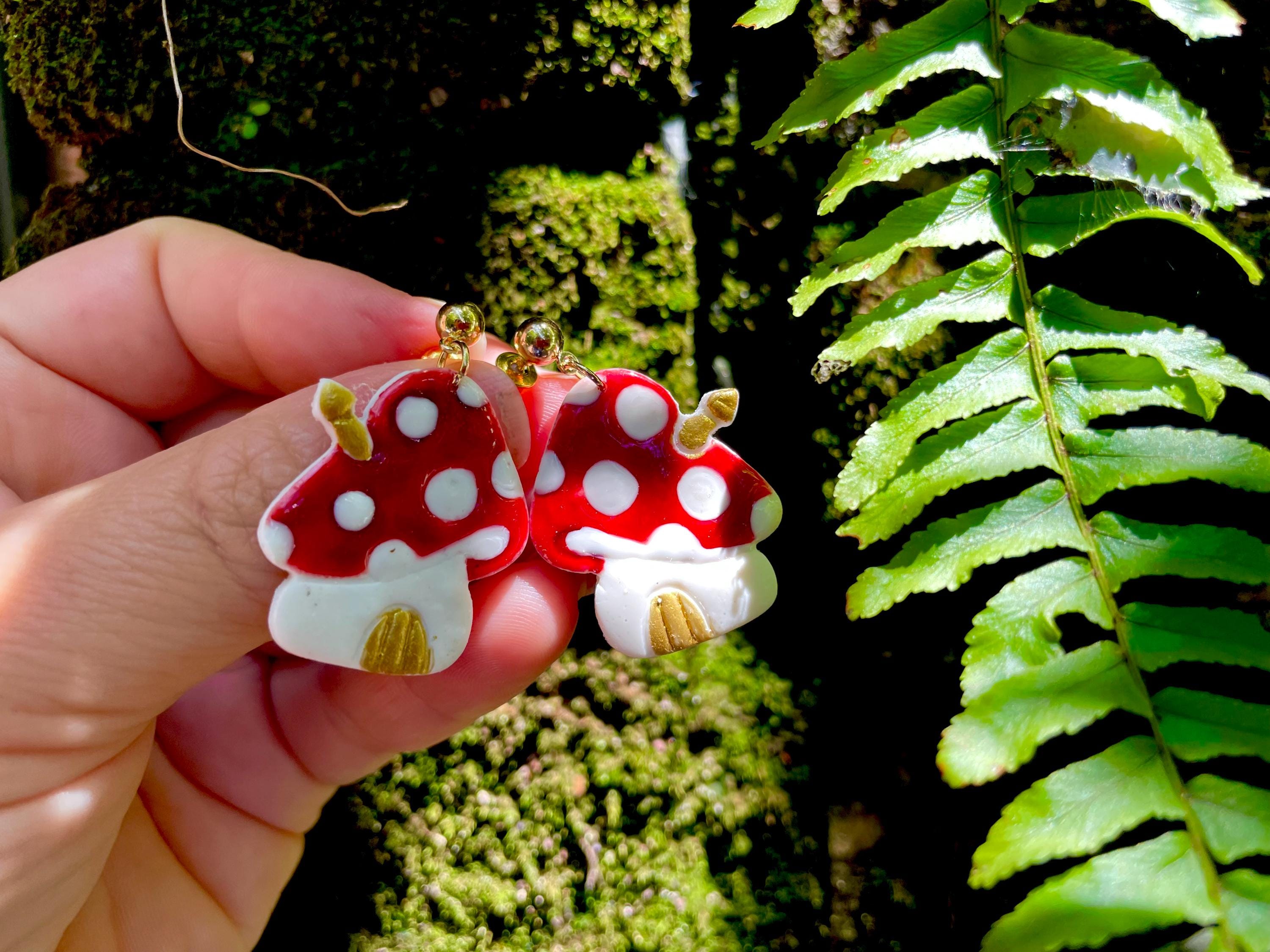 Handmade Mushroom House Earrings: Polymer Clay Whimsical Jewelry