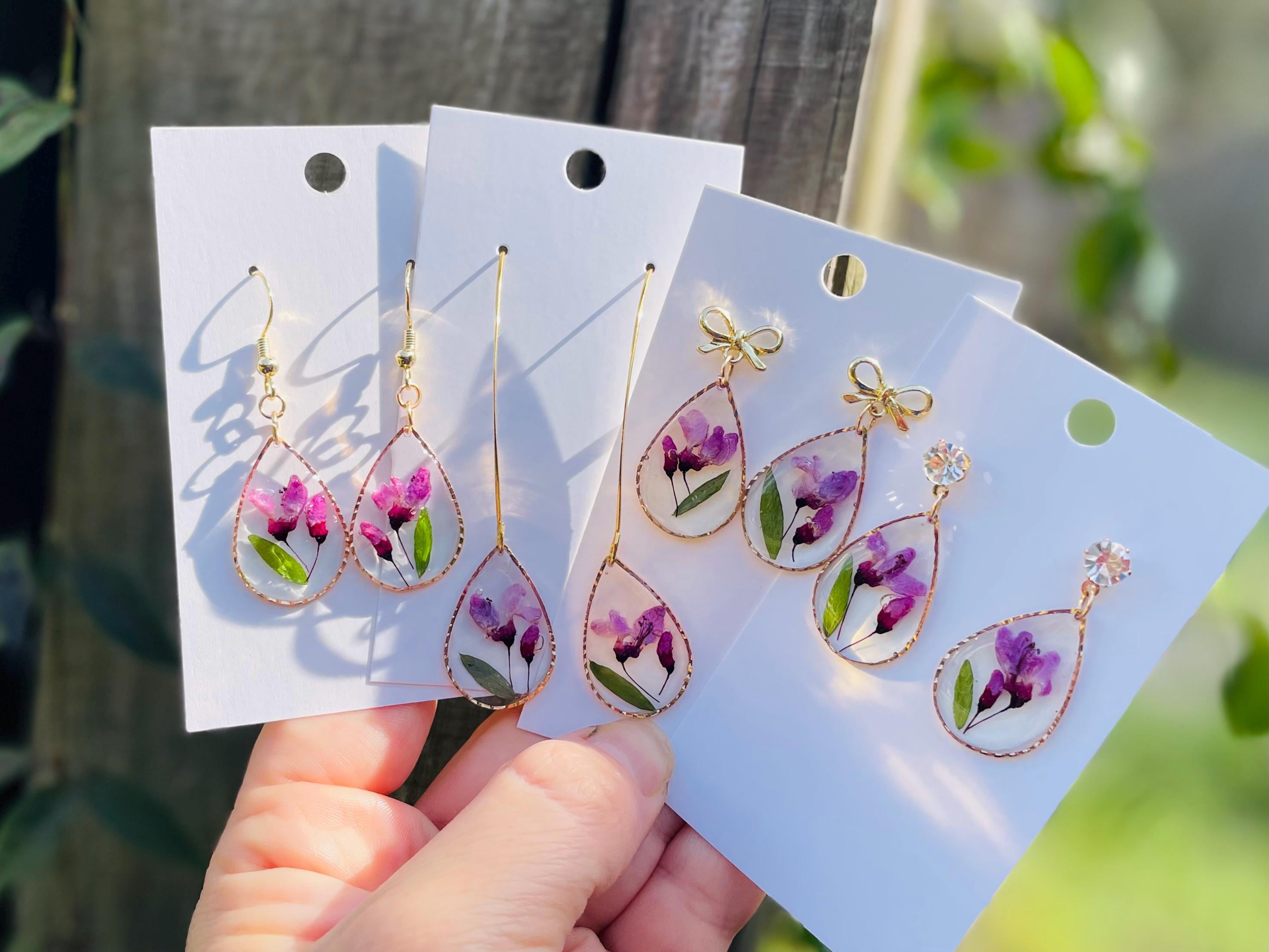 Sweat Pea Earrings Dangle: April Birth Flower, Pink Pressed Flower Resin Jewelry Gold