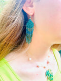 Sterling silver emerald green beaded earrings, Long earrings dangle, Fringe earrings Native American Seed bead earrings, Chandelier earrings
