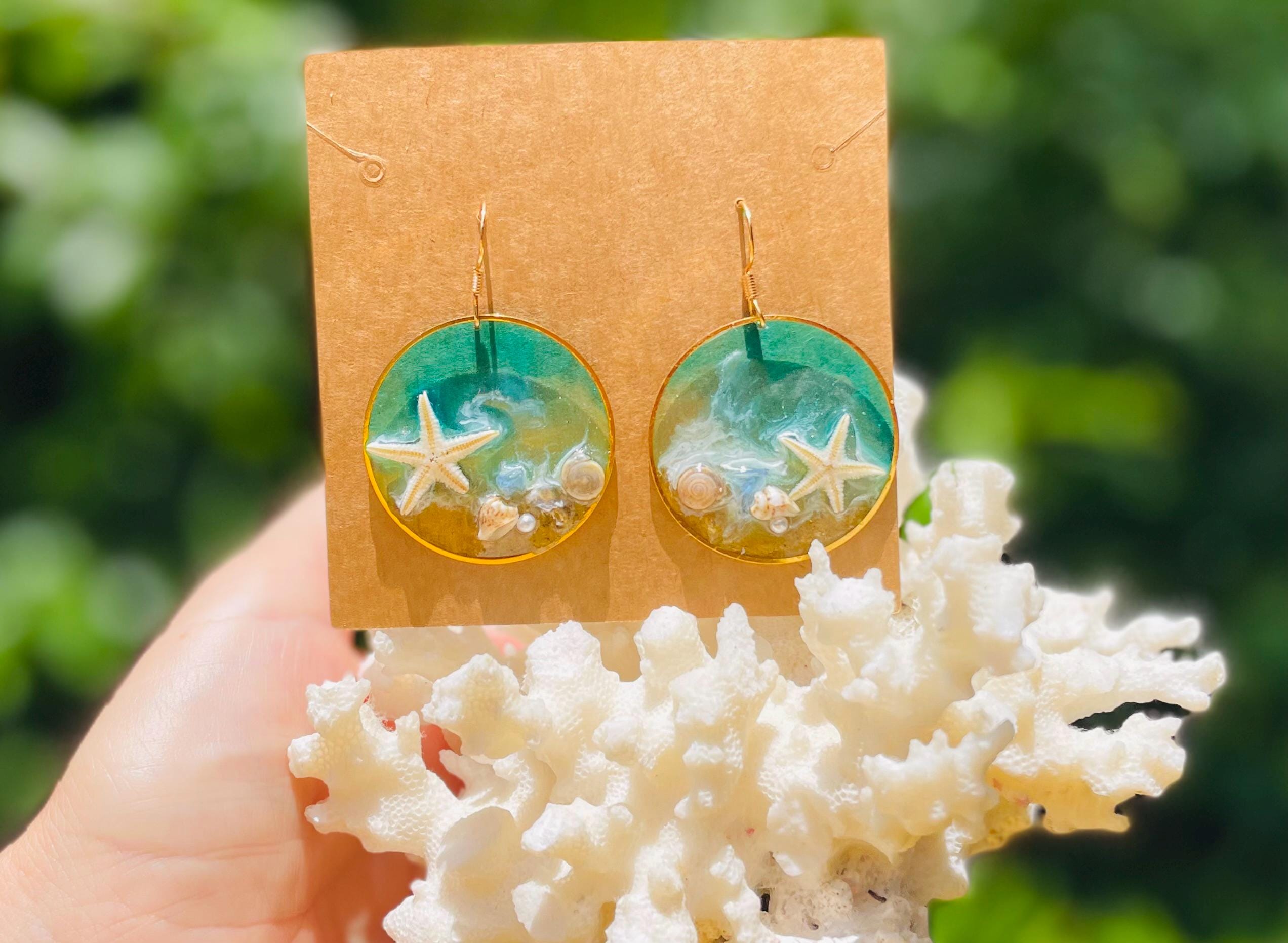Real Starfish Resin Dangle Earrings: Seashell Pearl Ocean Jewelry