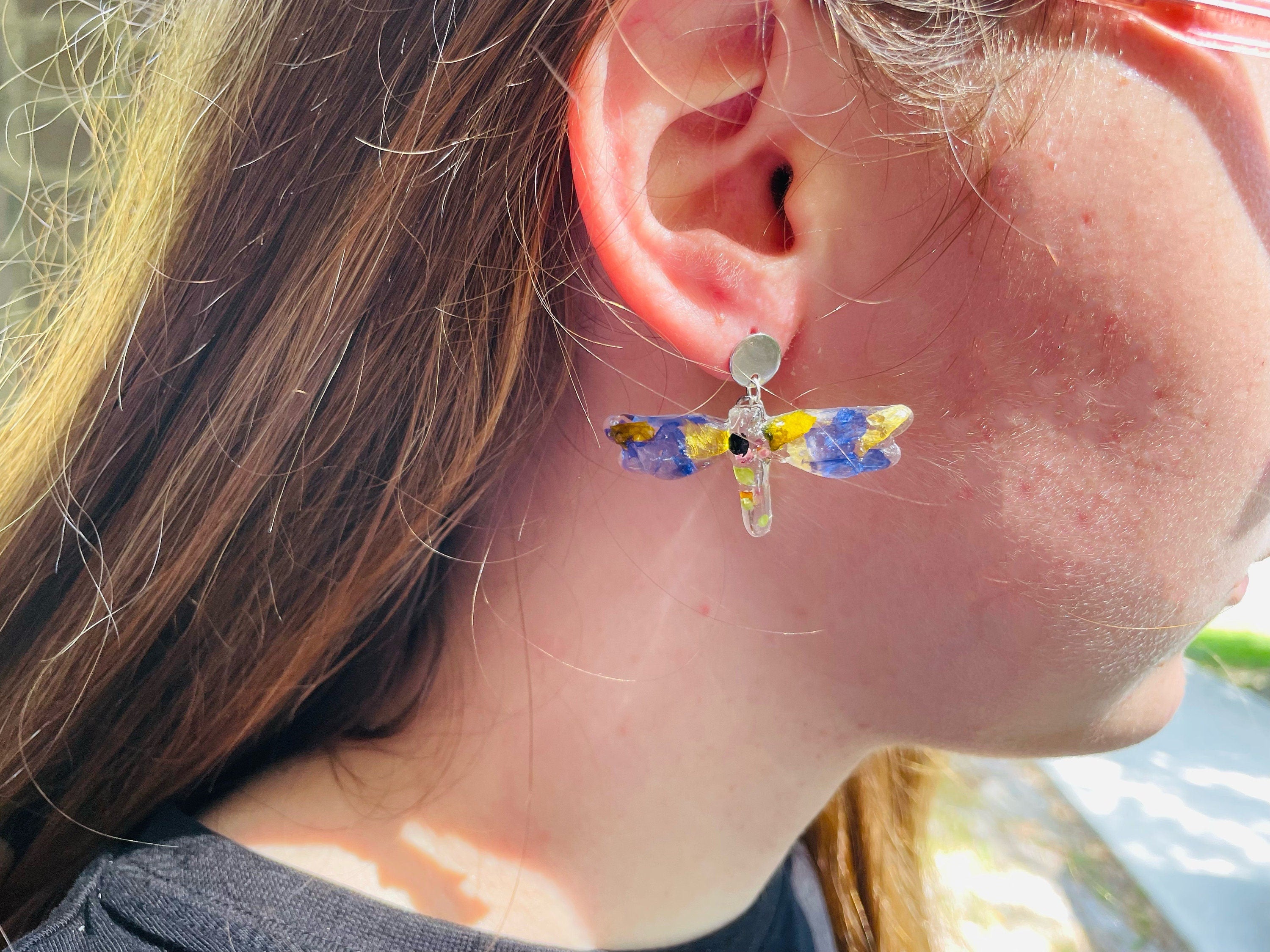 Dragonfly Earrings: Custom Birth Month Flower Pressed Resin Jewelry