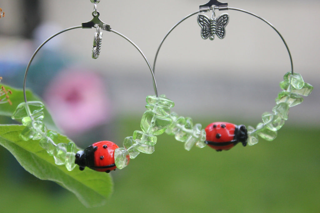 Custom Birthstone earrings for wife, Peridot hoop earrings with ladybug butterfly charm, birthday jewelry gift green summer earrings crystal