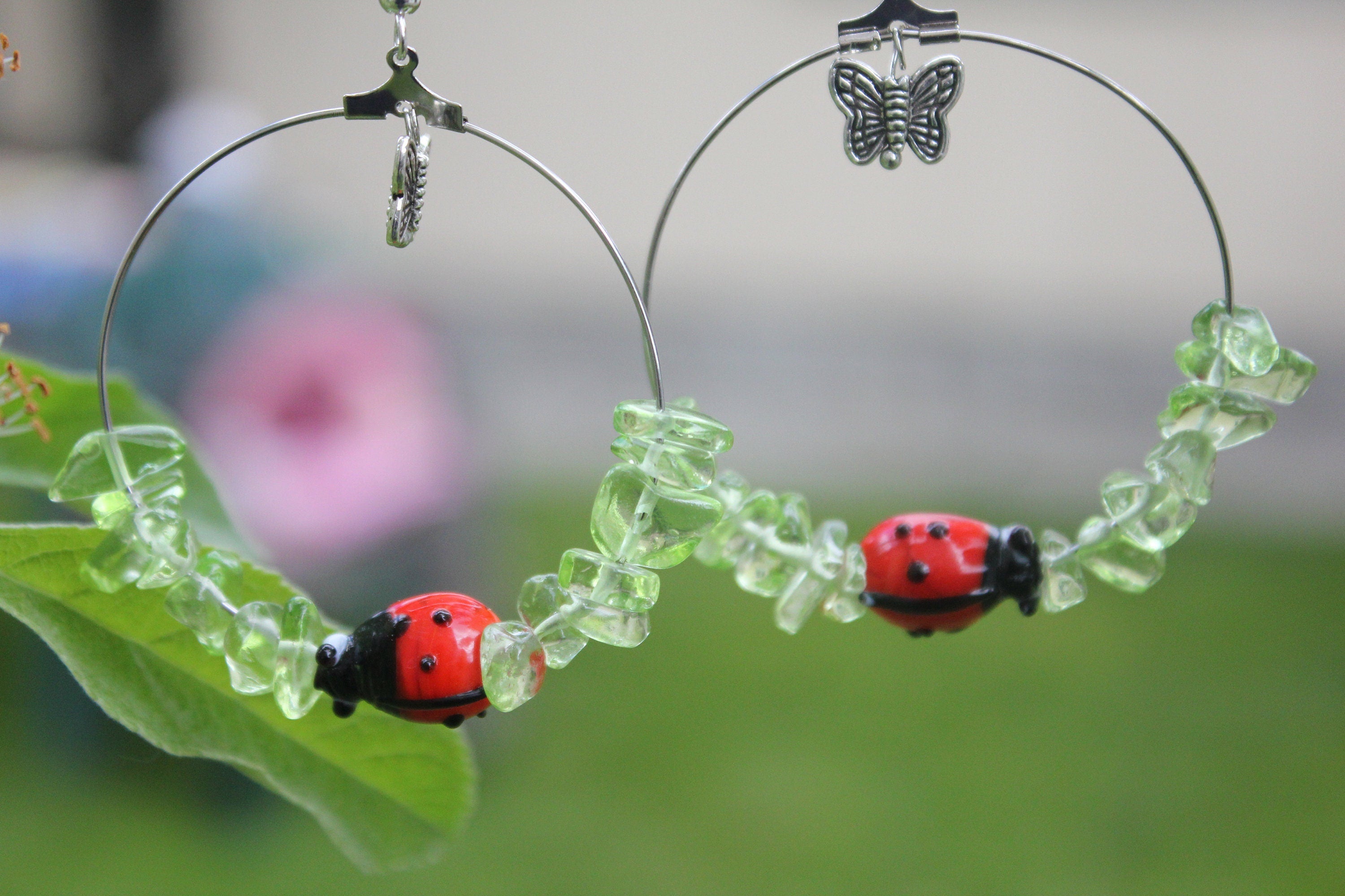 Custom Birthstone earrings for wife, Peridot hoop earrings with ladybug butterfly charm, birthday jewelry gift green summer earrings crystal