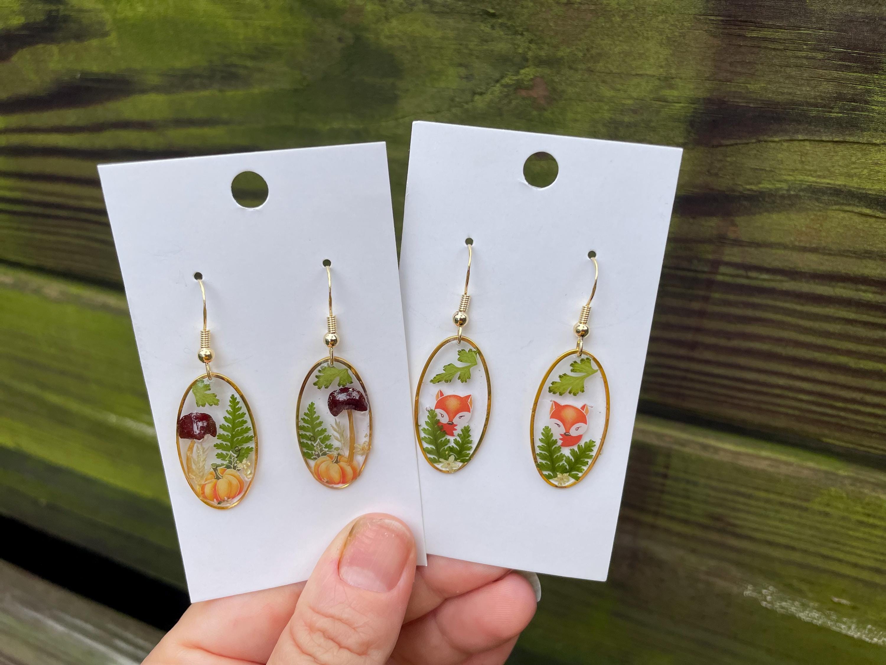 14K Gold Resin Dangle Earrings: Real Mushroom, Pumpkin, Fern & Flowers