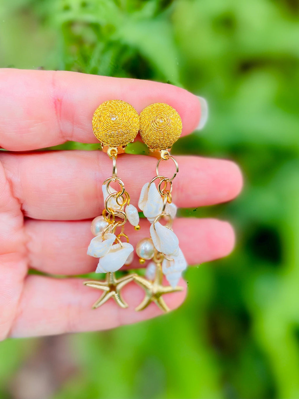 Starfish & Pearl Ocean Earrings: Seashell Beach Wedding Jewelry Gold