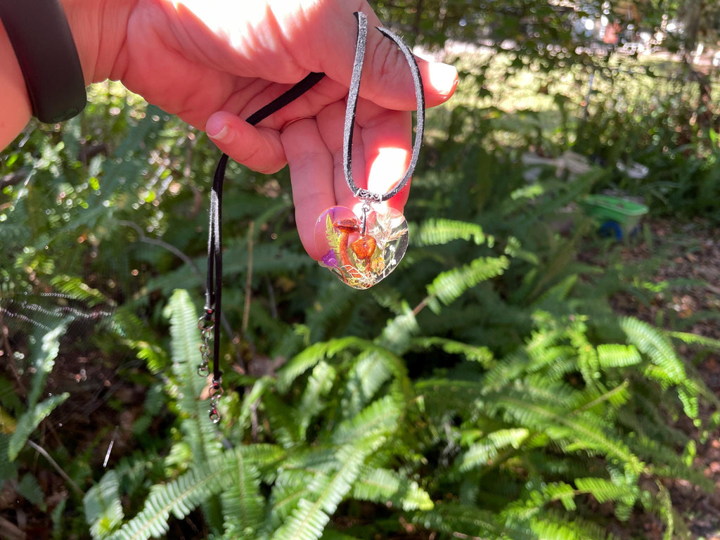Personalized Mushroom Heart Pendant Necklace: Dried Moss Terrarium Jewelry, Custom Birthstone Choker
